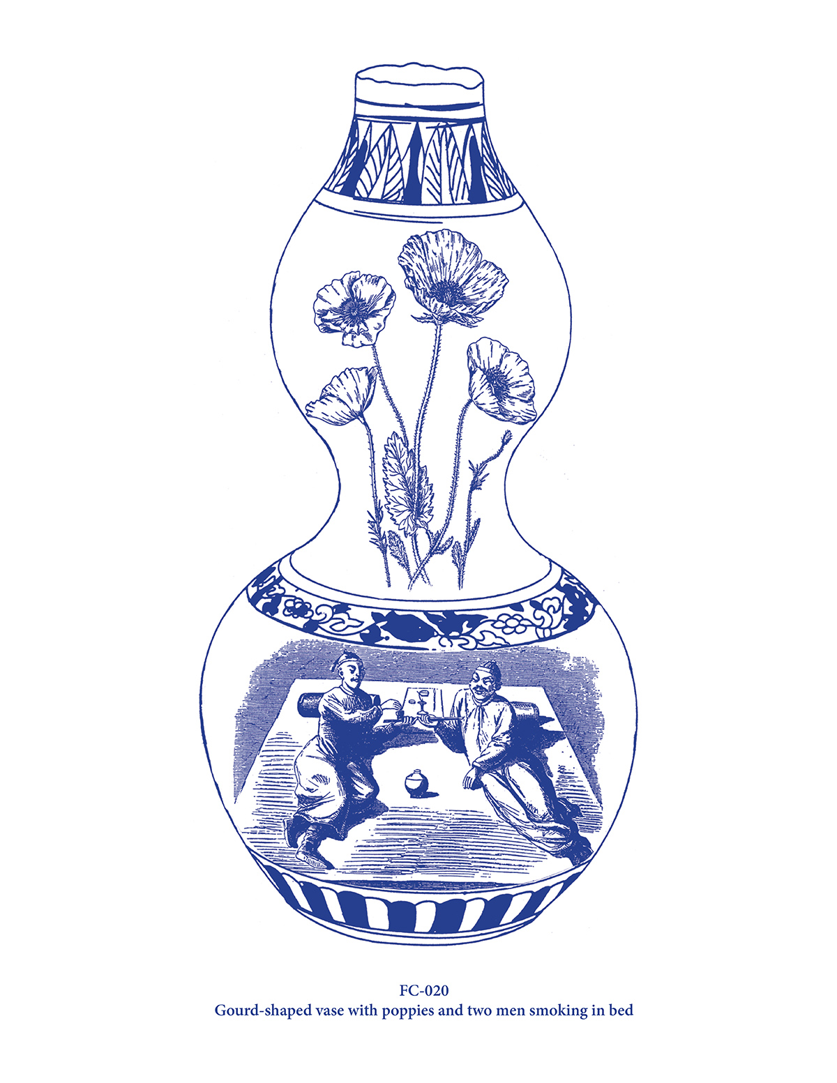 Gourd-shaped vase with poppies and two men smoking in bed (FC-020)