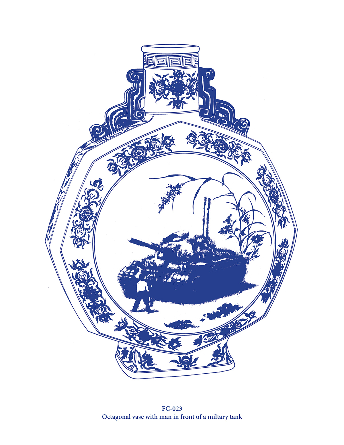 Octagonal vase with man in front of a military tank (FC-023)