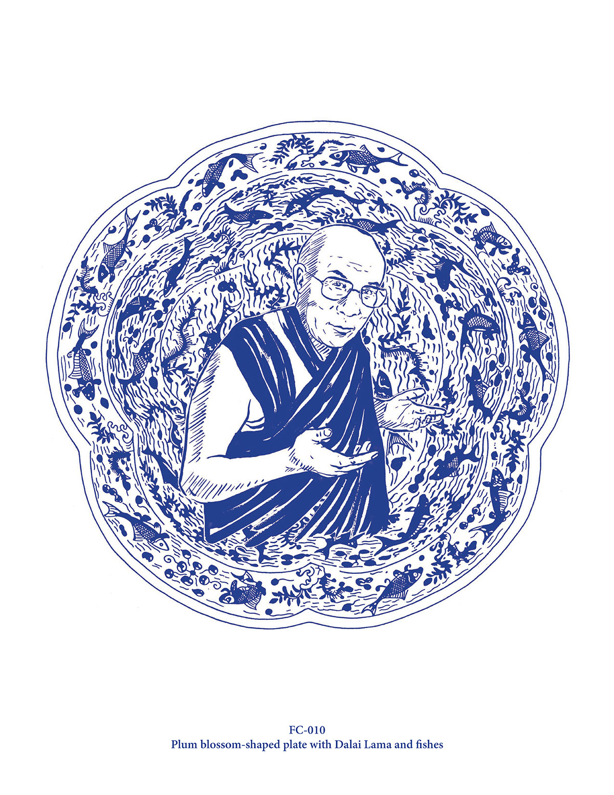 Plum blossom-shaped plate with Dalai Lama and fishes (FC-010)