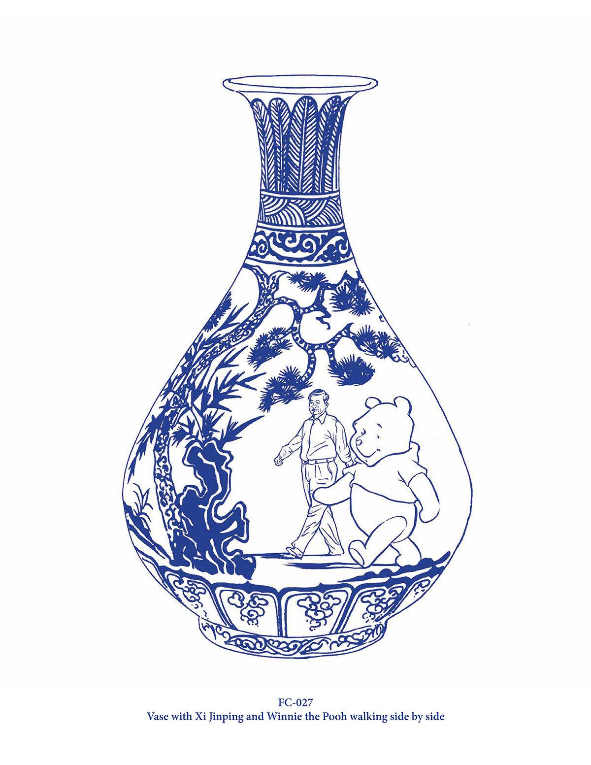 Vase with Xi Jinping and Winnie the Pooh walking side by side (FC-027)